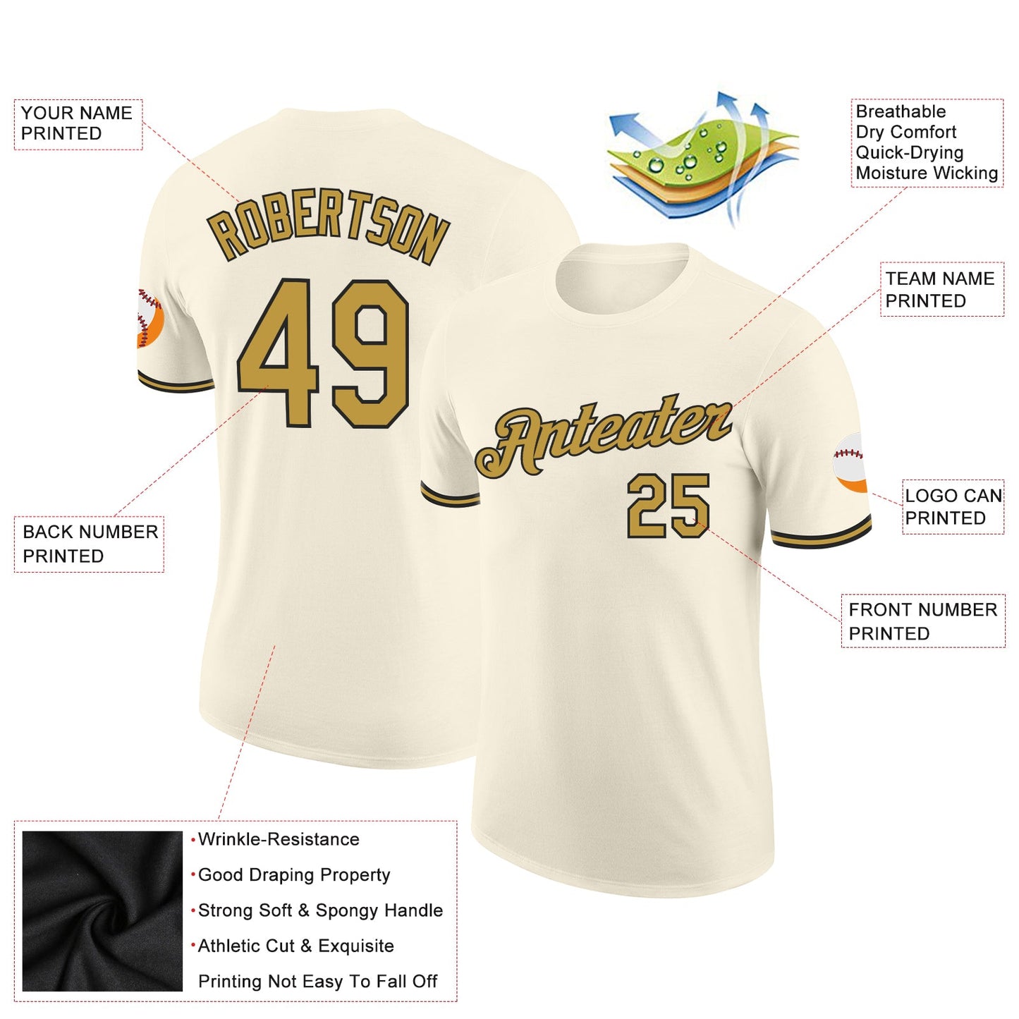 Custom Cream Old Gold-Black Performance T-Shirt view 2