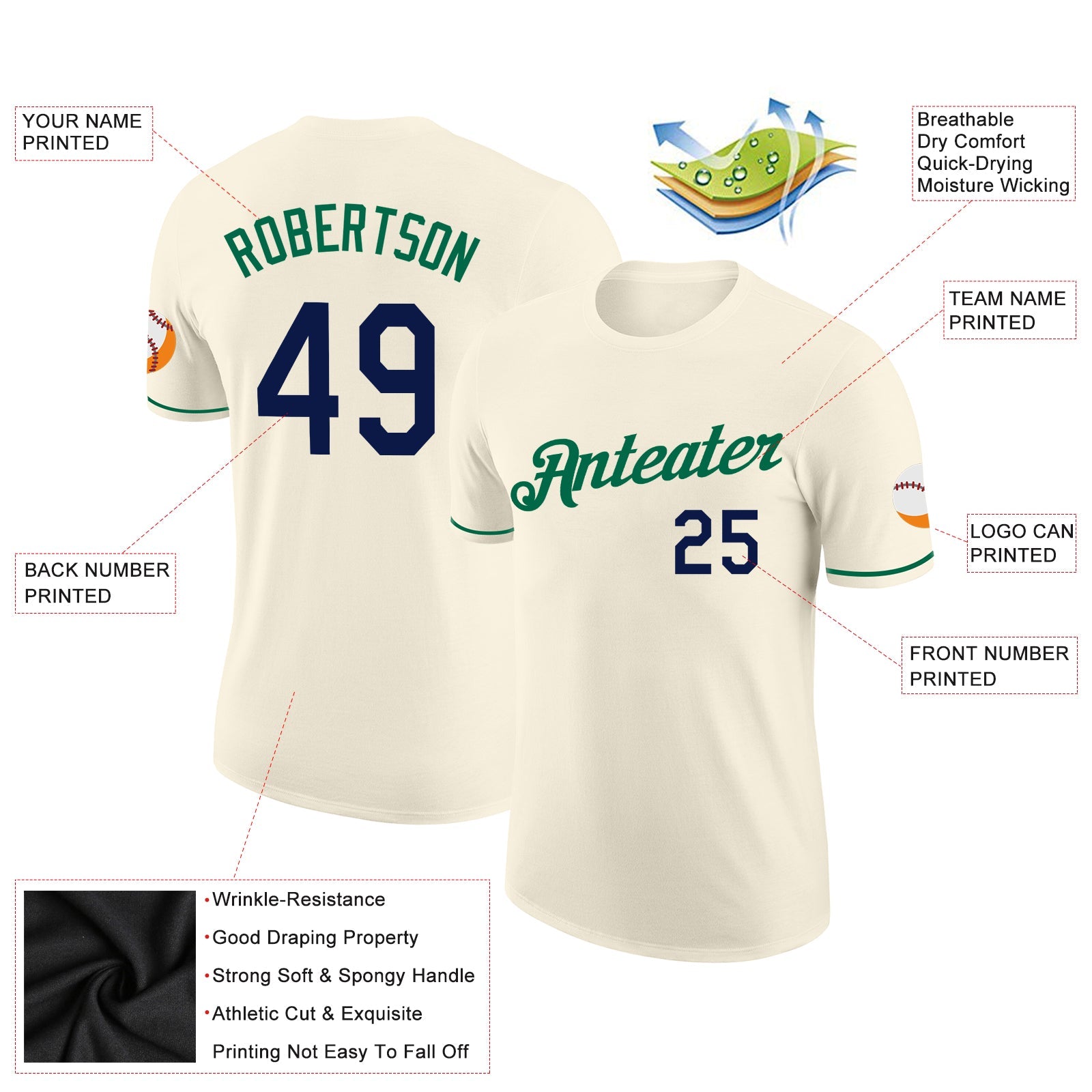 Custom Cream Navy-Kelly Green Performance T-Shirt view 2