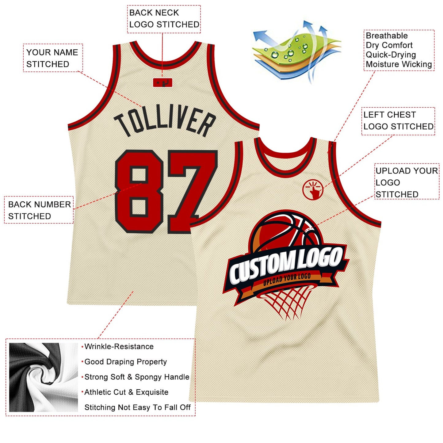 Custom Cream Red-Black Authentic Throwback Basketball Jersey view 3