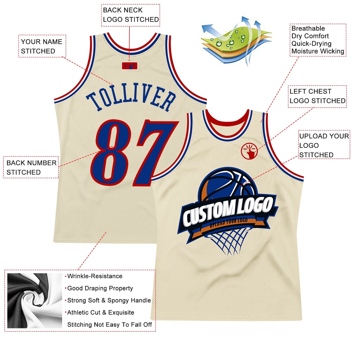 Custom Cream Royal Red-White Authentic Throwback Basketball Jersey view 2