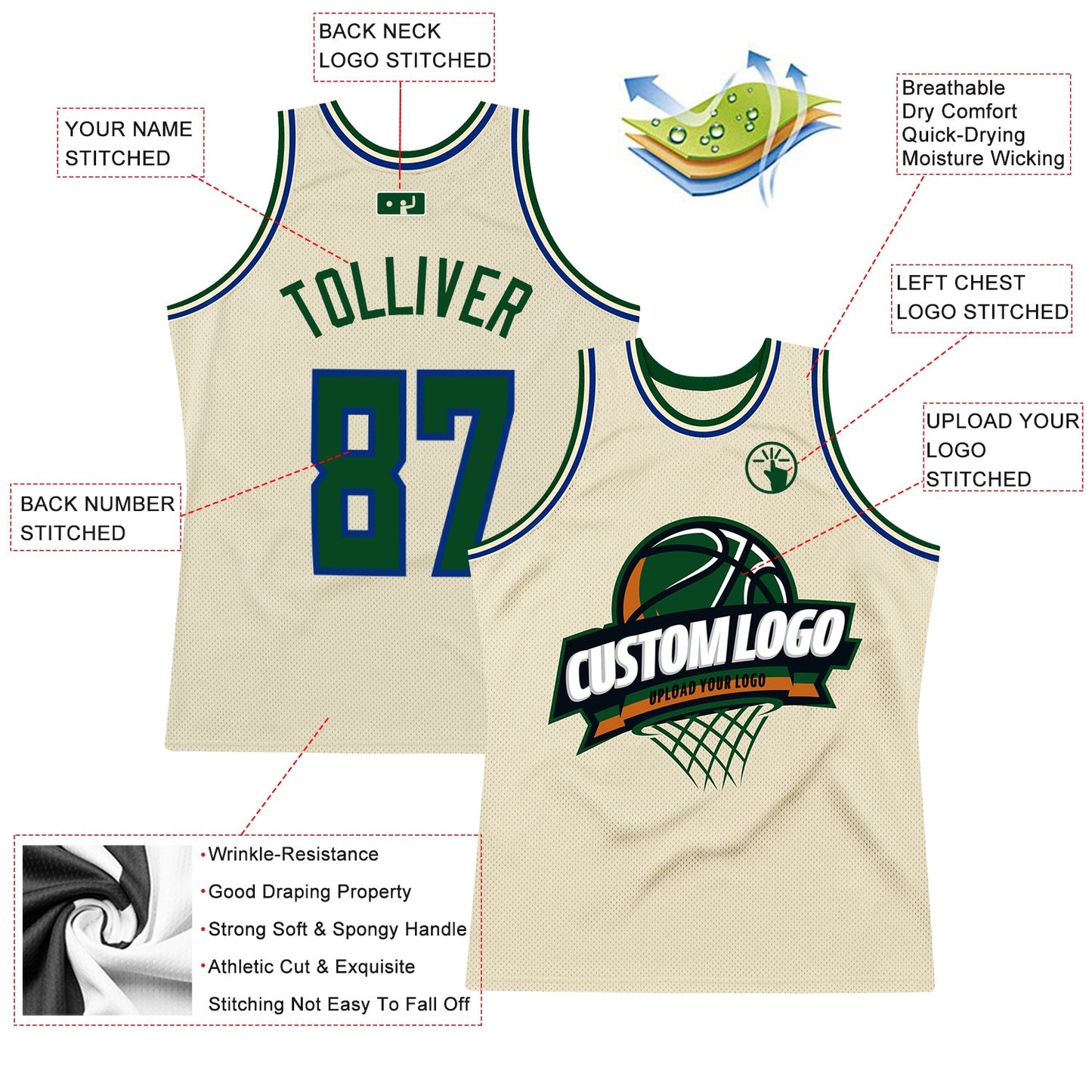 Custom Cream Green-Royal Authentic Throwback Basketball Jersey view 2