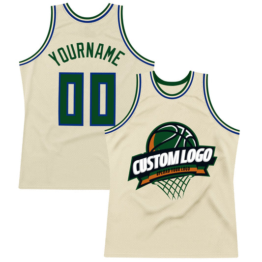 Custom Cream Green-Royal Authentic Throwback Basketball Jersey - Main View