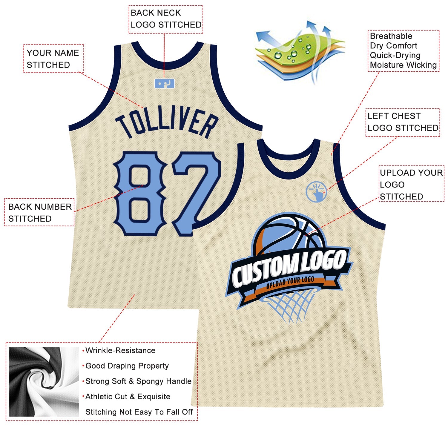 Custom Cream Light Blue-Navy Authentic Throwback Basketball Jersey view 2