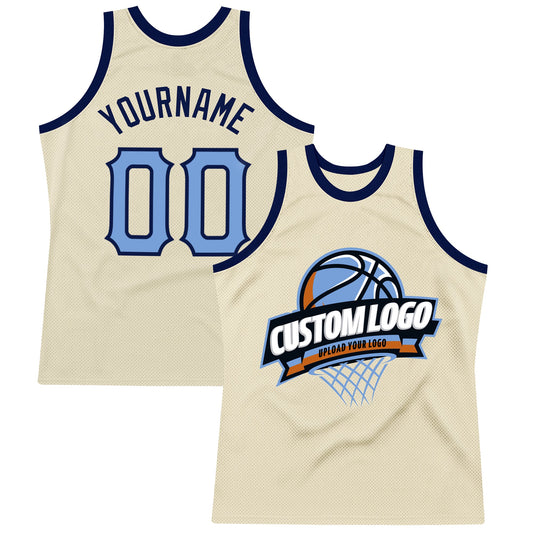 Custom Cream Light Blue-Navy Authentic Throwback Basketball Jersey - Main View