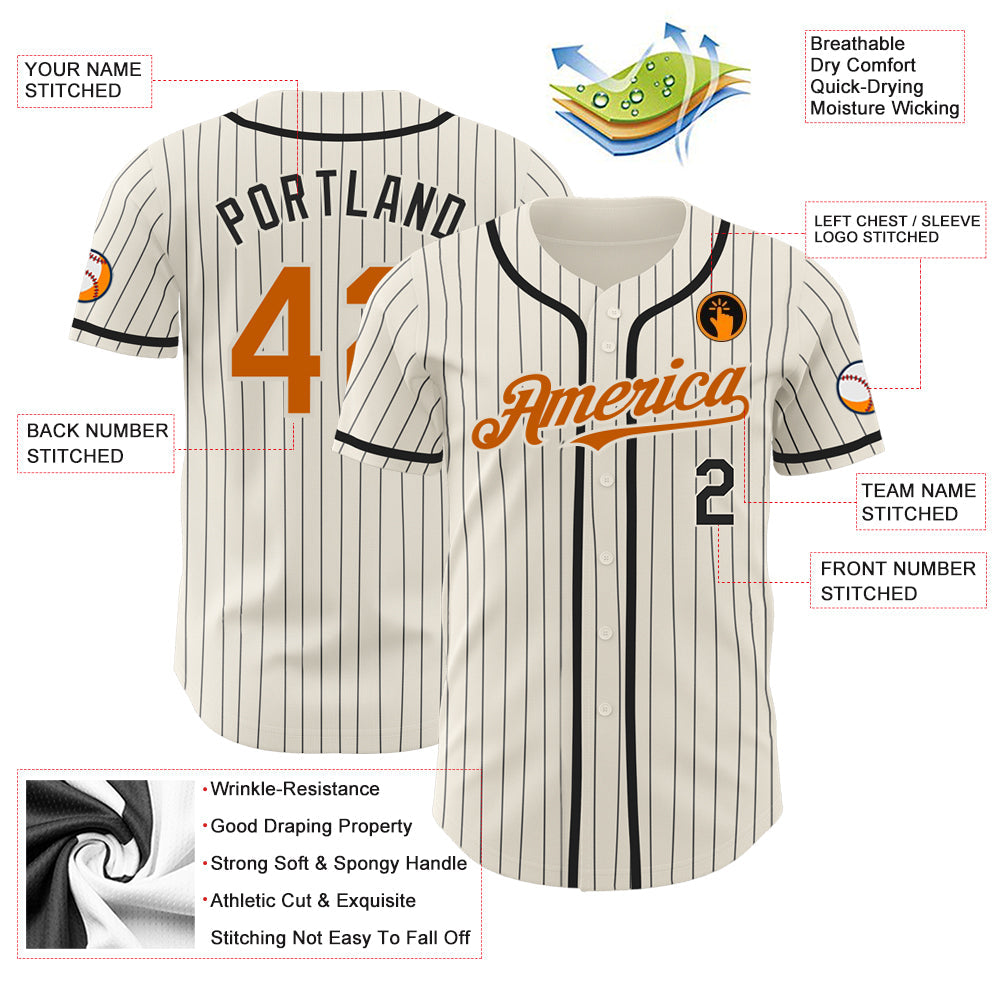 Custom Cream Black Pinstripe Texas Orange Authentic Baseball Jersey view 3