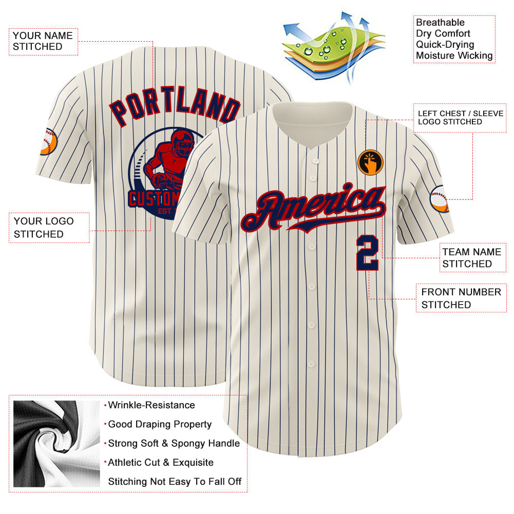 Custom Cream Navy Pinstripe Red Authentic Baseball Jersey view 3
