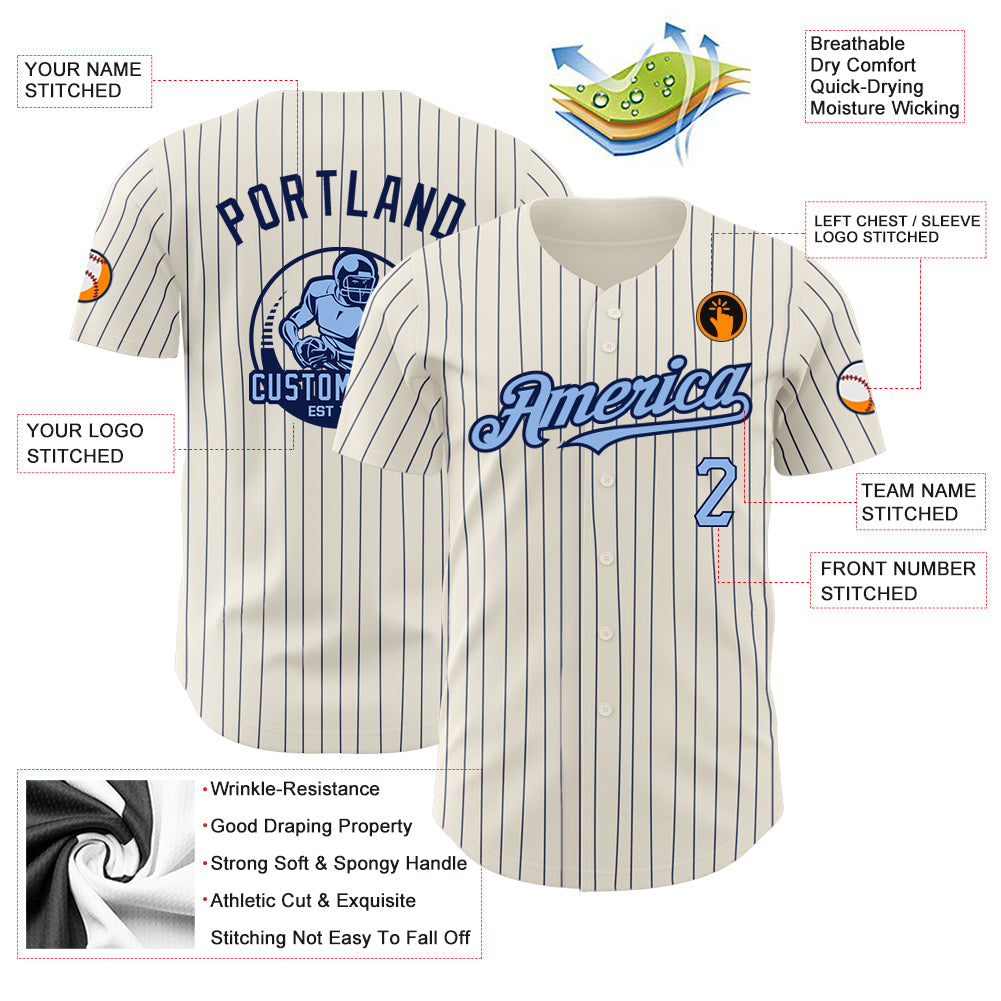 Custom Cream Navy Pinstripe Light Blue Authentic Baseball Jersey view 3