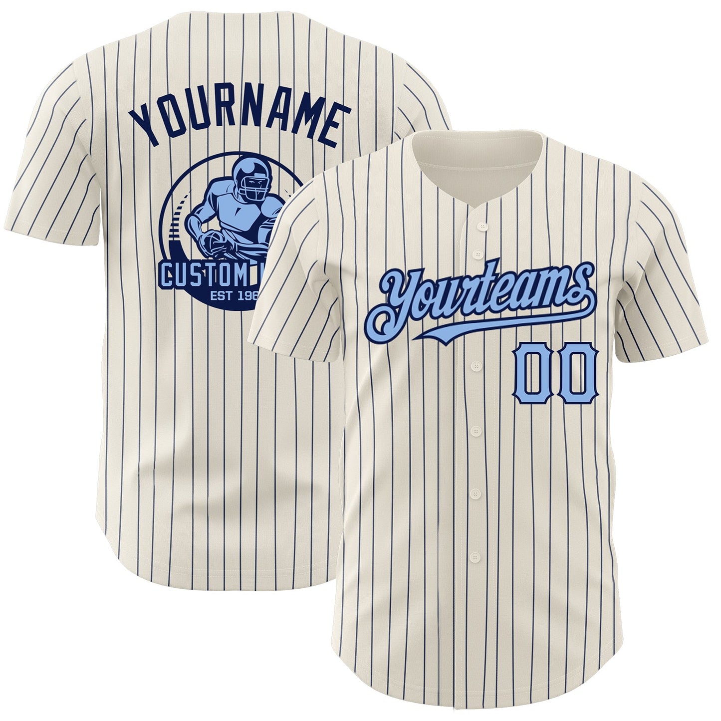Custom Cream Navy Pinstripe Light Blue Authentic Baseball Jersey - Main View