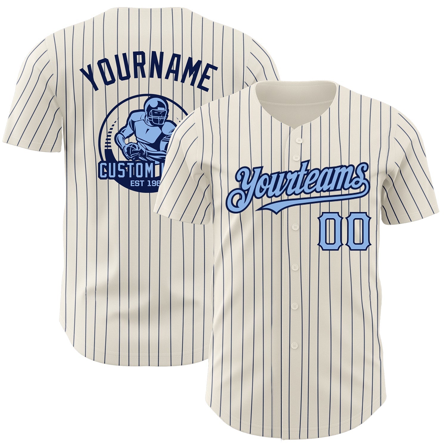 Custom Cream Navy Pinstripe Light Blue Authentic Baseball Jersey - Main View