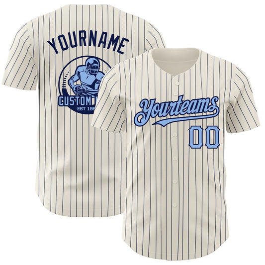 Custom Cream Navy Pinstripe Light Blue Authentic Baseball Jersey - Main View