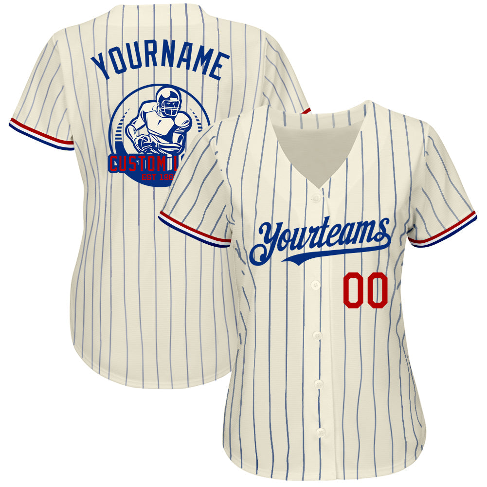 Custom Cream Royal Pinstripe Red-White Authentic Baseball Jersey view 2