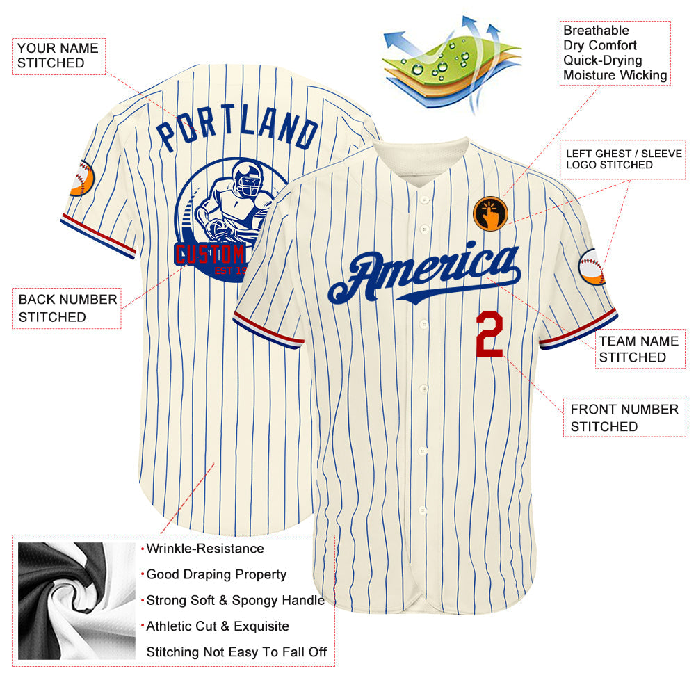 Custom Cream Royal Pinstripe Red-White Authentic Baseball Jersey view 3