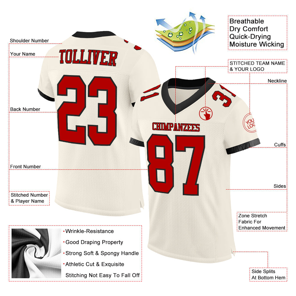 Custom Cream Red-Black Mesh Authentic Football Jersey view 2