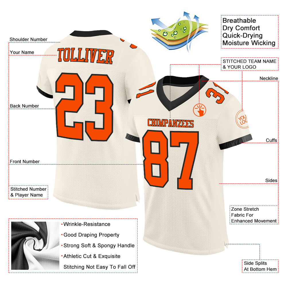 Custom Cream Orange-Black Mesh Authentic Football Jersey view 2