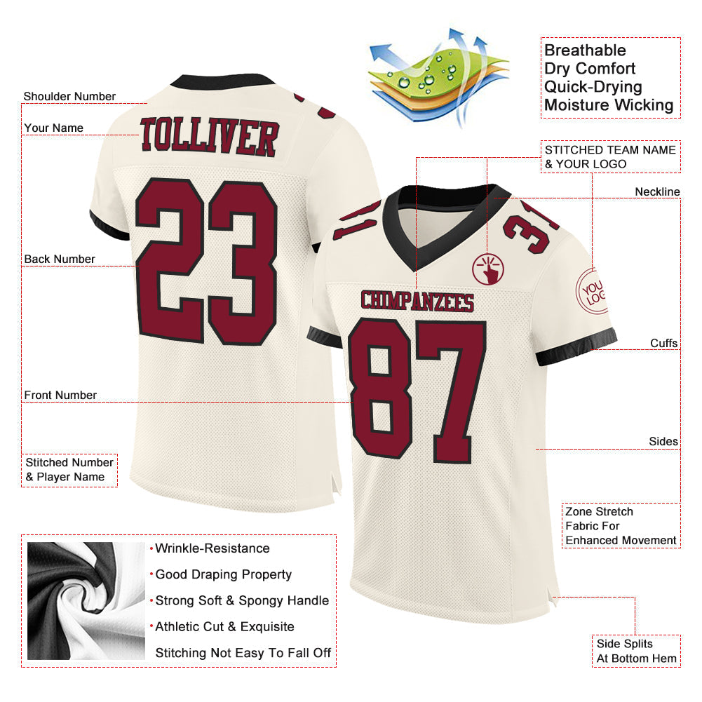Custom Cream Crimson-Black Mesh Authentic Football Jersey view 2