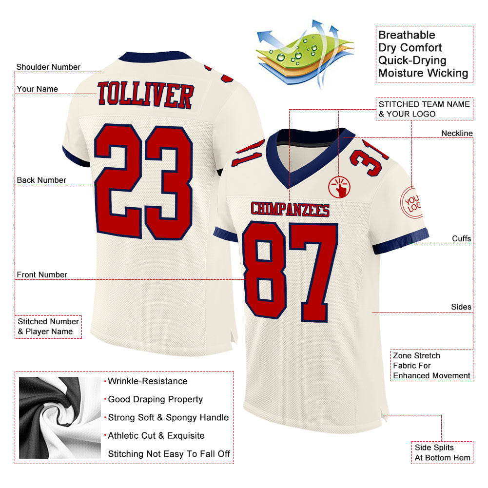 Custom Cream Red-Navy Mesh Authentic Football Jersey view 2