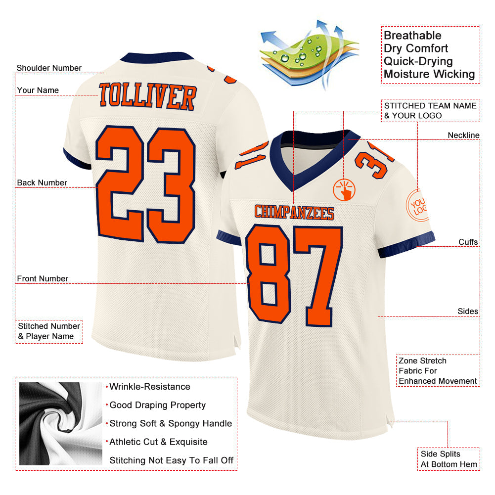 Custom Cream Orange-Navy Mesh Authentic Football Jersey view 2