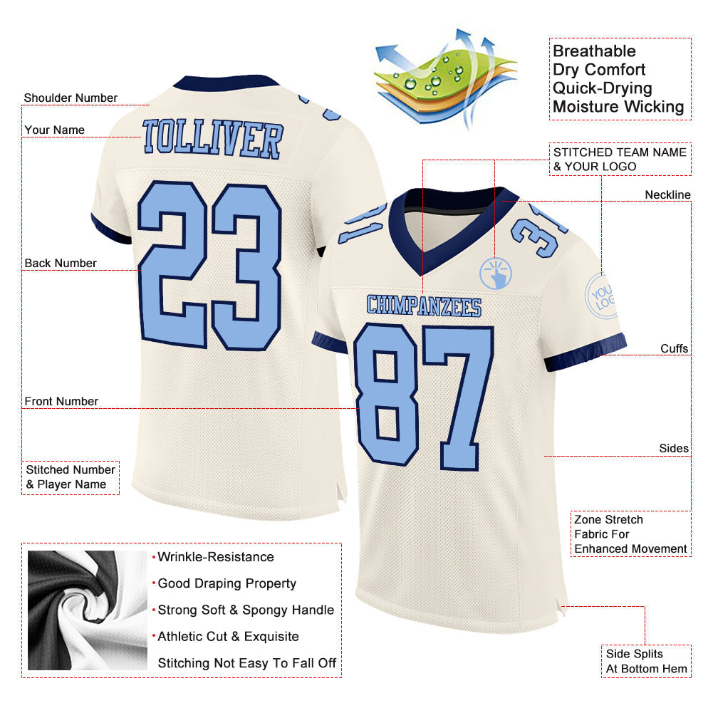 Custom Cream Light Blue-Navy Mesh Authentic Football Jersey view 2