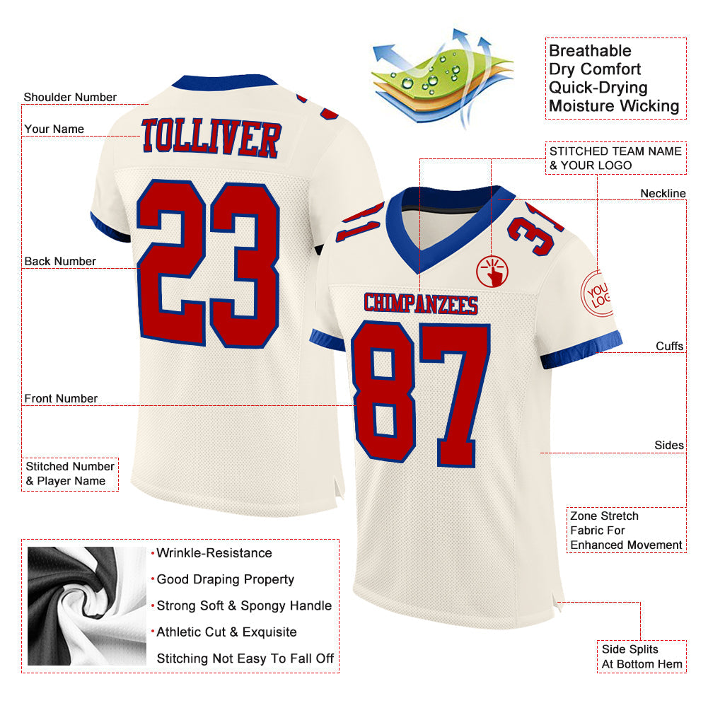 Custom Cream Red-Royal Mesh Authentic Football Jersey view 2