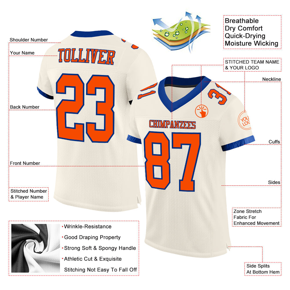 Custom Cream Orange-Royal Mesh Authentic Football Jersey view 2