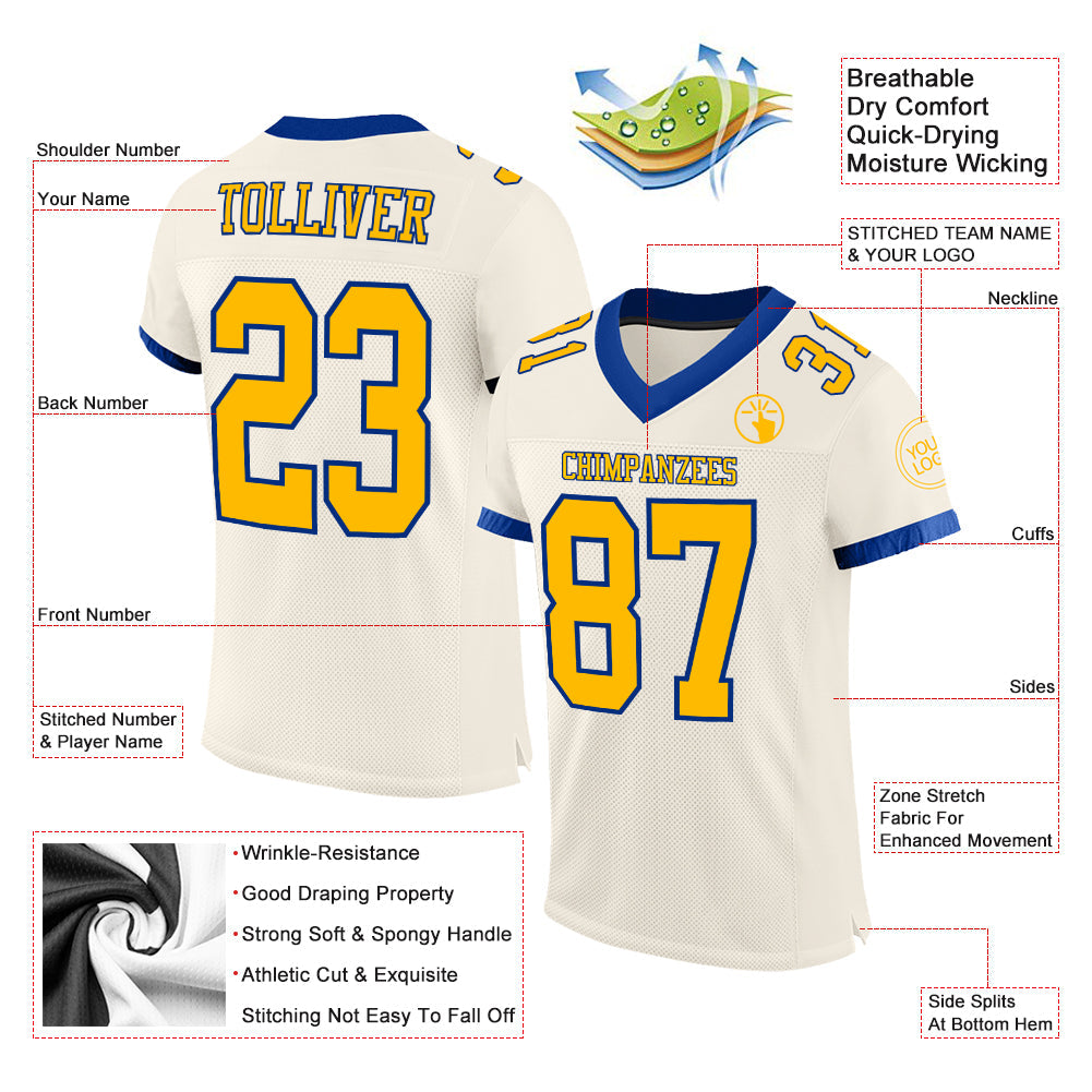 Custom Cream Gold-Royal Mesh Authentic Football Jersey view 2
