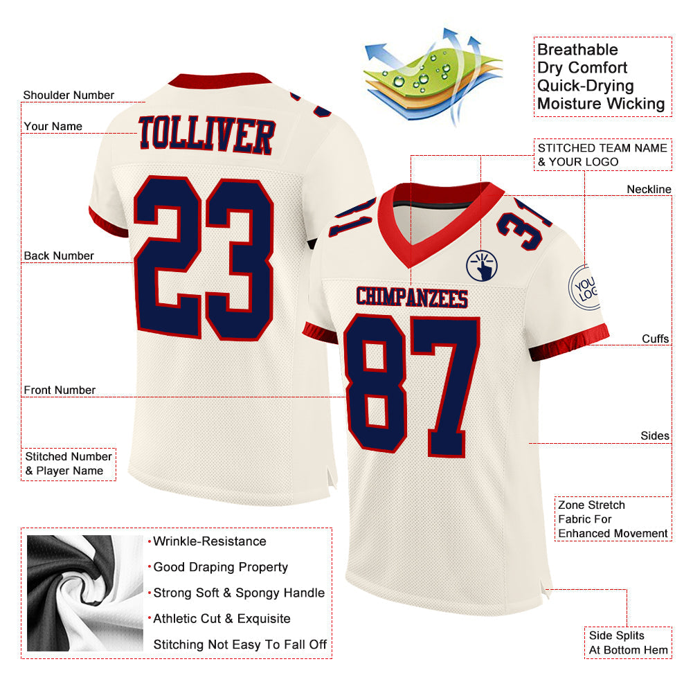 Custom Cream Navy-Red Mesh Authentic Football Jersey view 2
