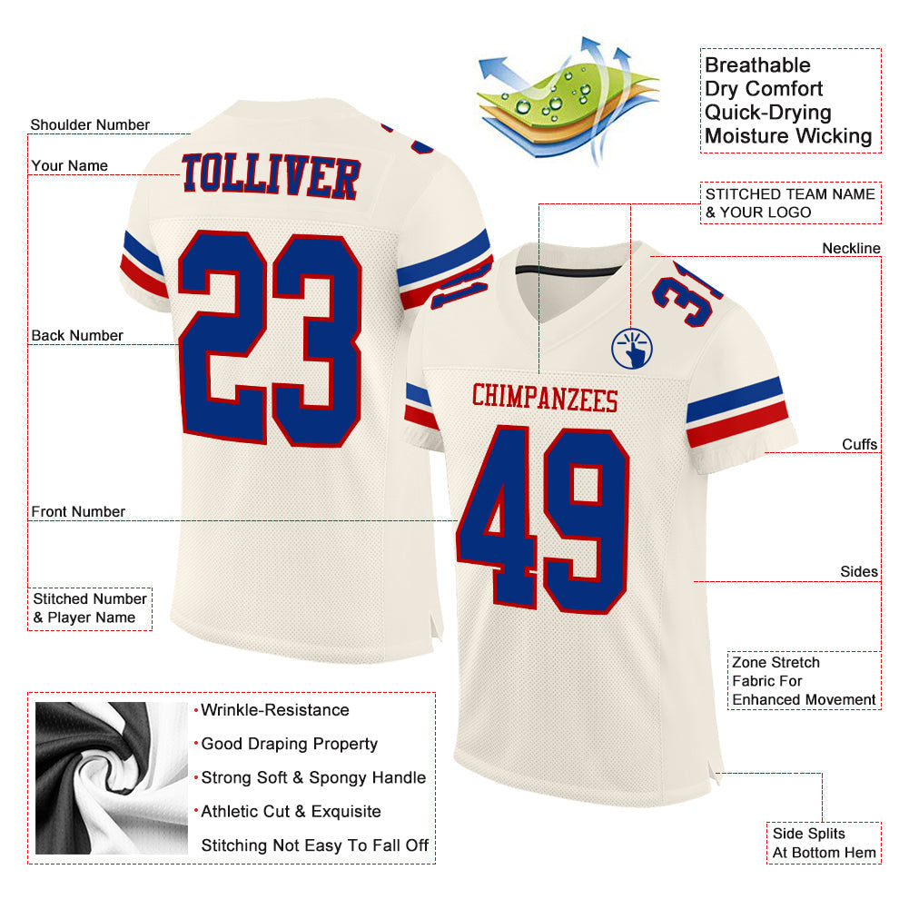 Custom Cream Royal-Red Mesh Authentic Football Jersey view 2