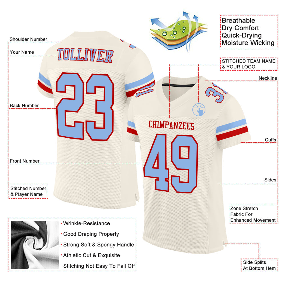 Custom Cream Light Blue-Red Mesh Authentic Football Jersey view 2