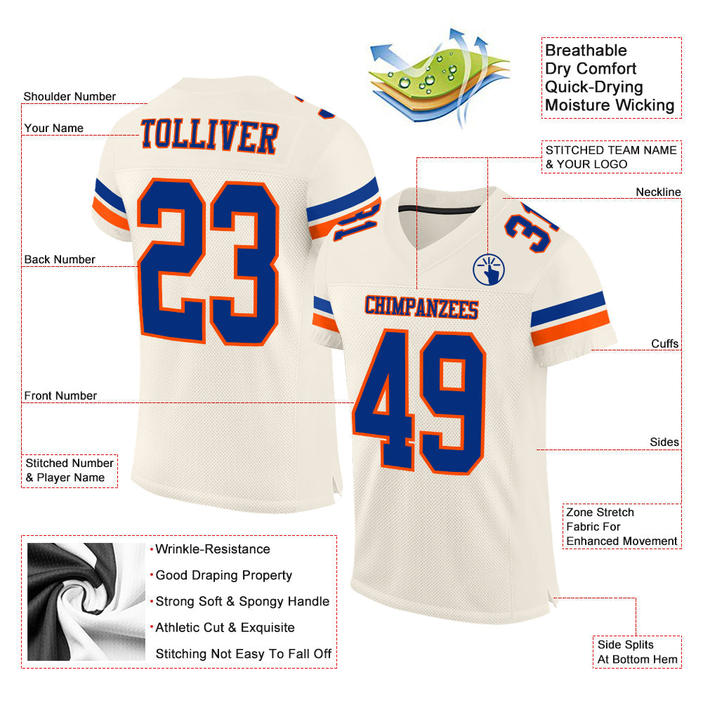 Custom Cream Royal-Orange Mesh Authentic Football Jersey view 2