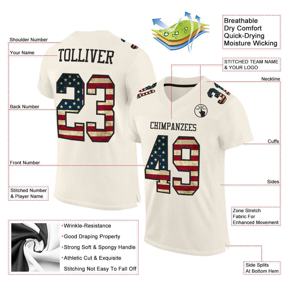 Custom Cream Vintage USA Flag-Black Mesh Authentic Football Jersey view 2