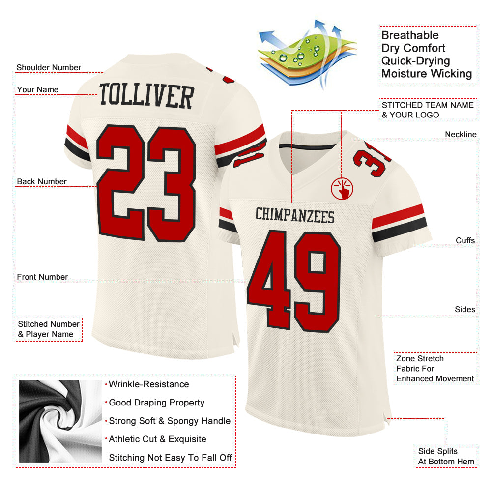 Custom Cream Red-Black Mesh Authentic Football Jersey view 2