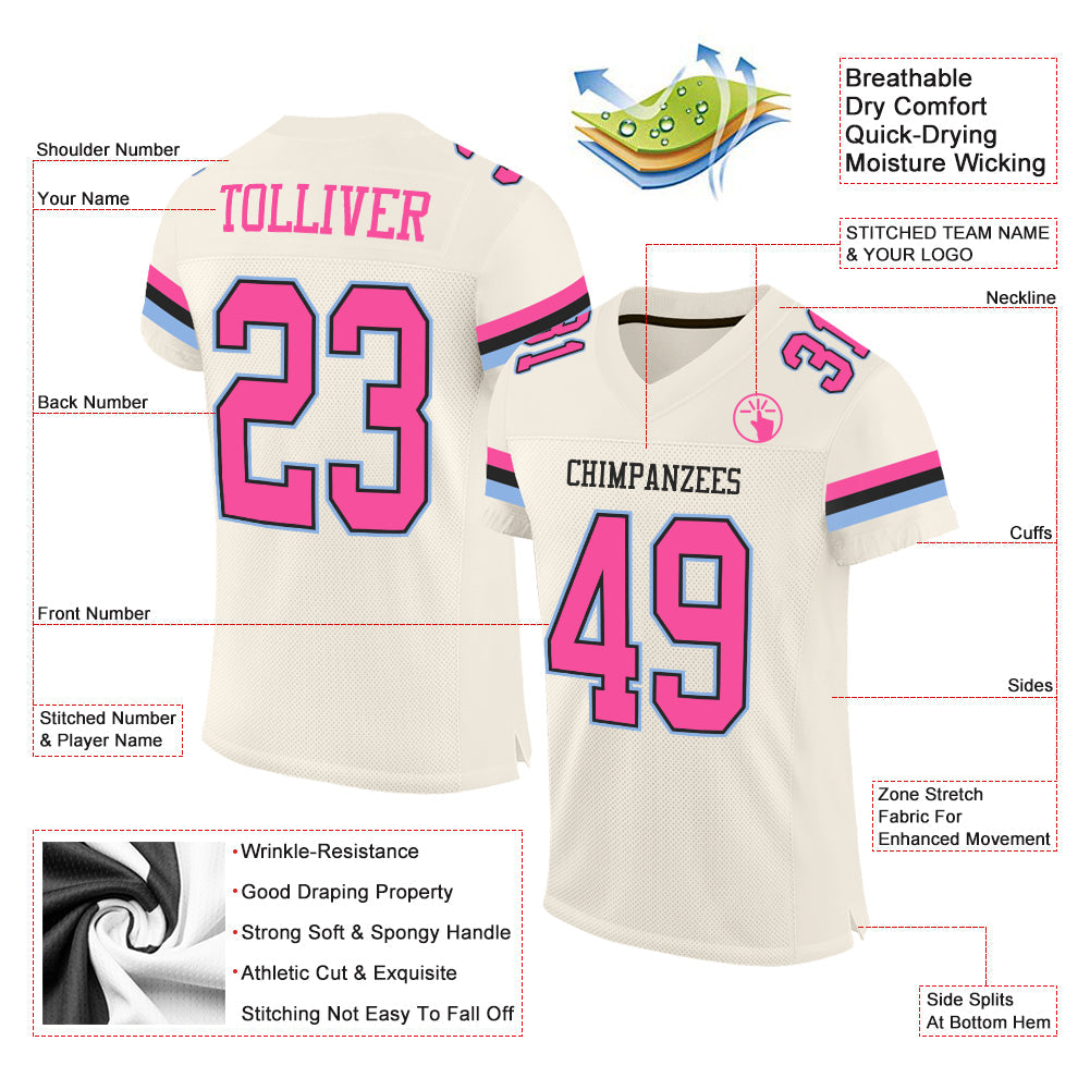 Custom Cream Pink Black-Light Blue Mesh Authentic Football Jersey view 2