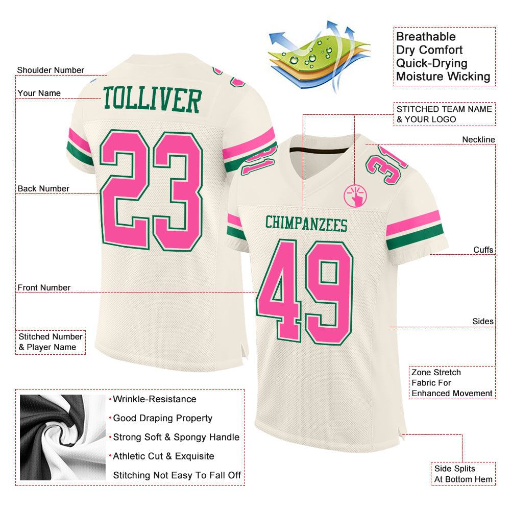 Custom Cream Pink-Kelly Green Mesh Authentic Football Jersey view 2