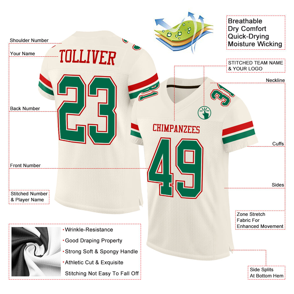 Custom Cream Kelly Green-Red Mesh Authentic Football Jersey view 2