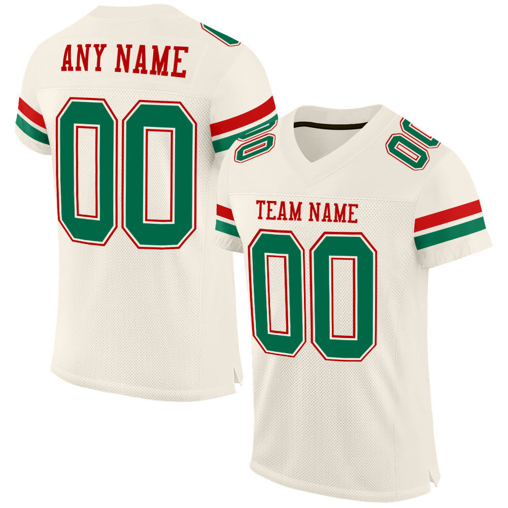 Custom Cream Kelly Green-Red Mesh Authentic Football Jersey - Main View