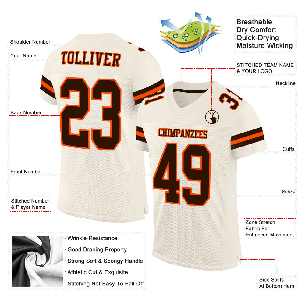 Custom Cream Brown-Orange Mesh Authentic Football Jersey view 2