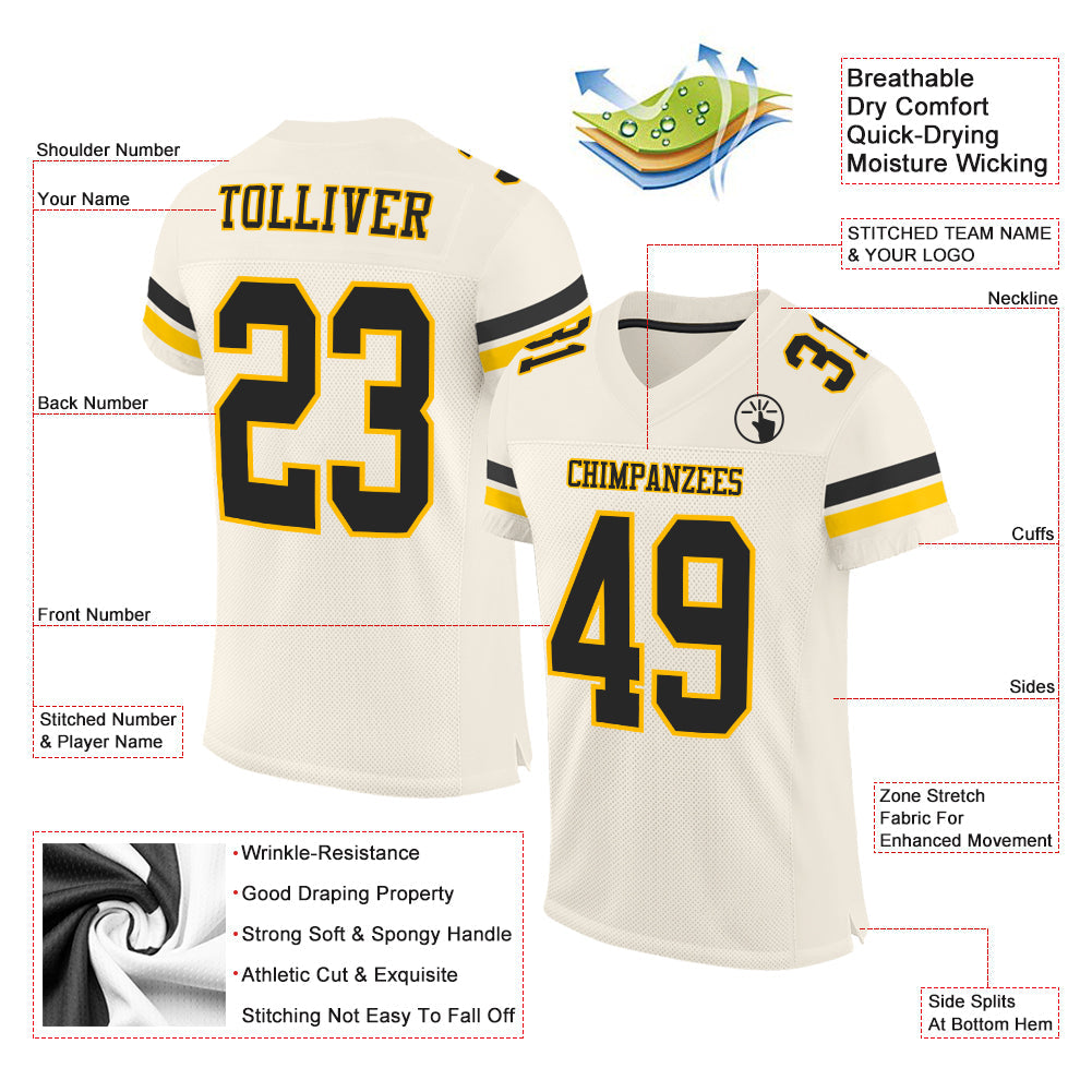 Custom Cream Black-Gold Mesh Authentic Football Jersey view 2