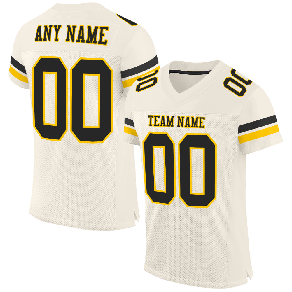 Custom Cream Black-Gold Mesh Authentic Football Jersey - Main View