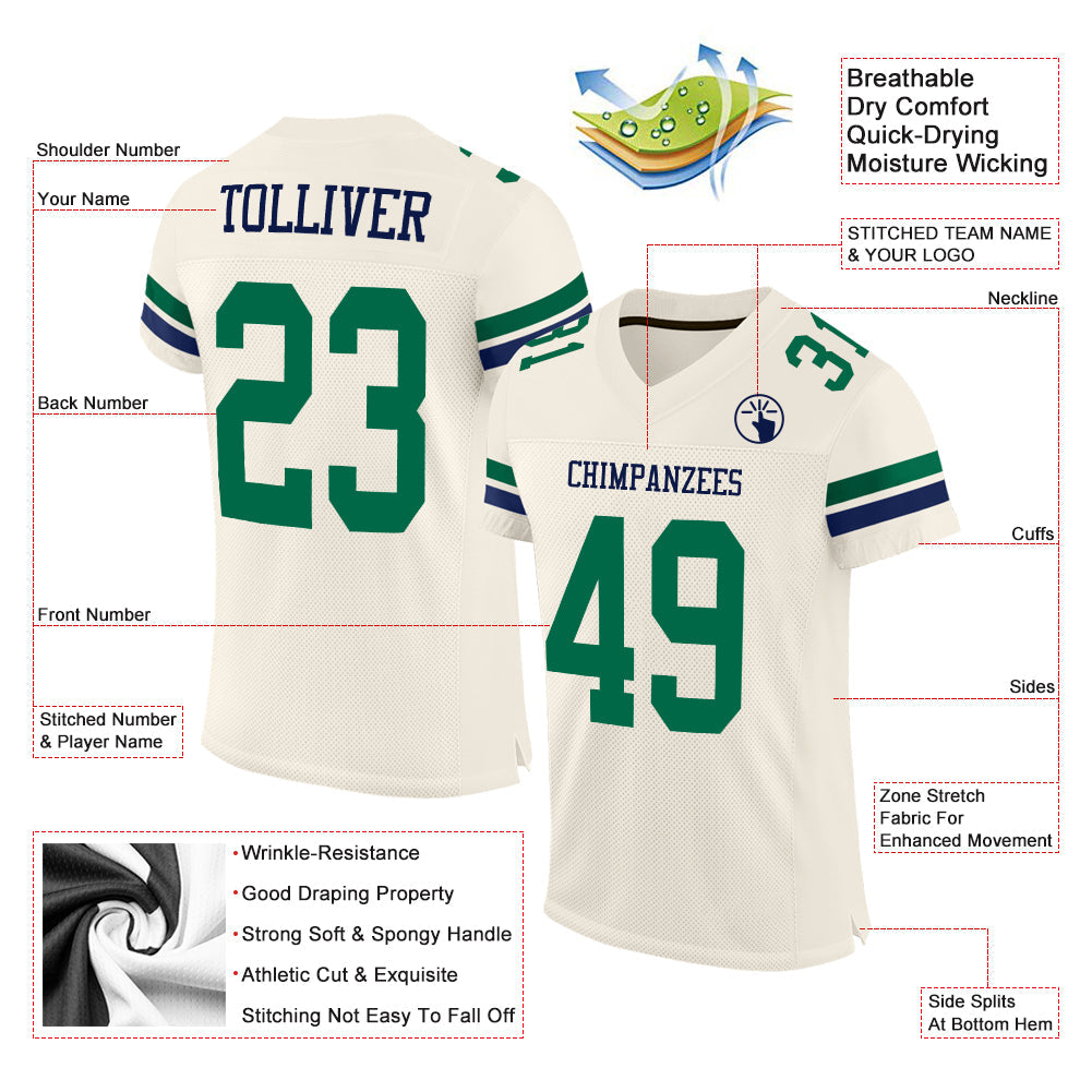 Custom Cream Kelly Green-Navy Mesh Authentic Football Jersey view 2