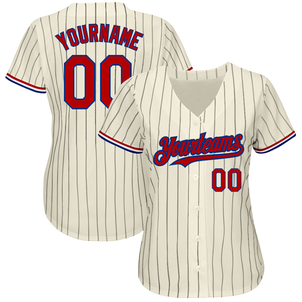 Custom Cream Black Pinstripe Red-Royal Authentic Baseball Jersey view 2