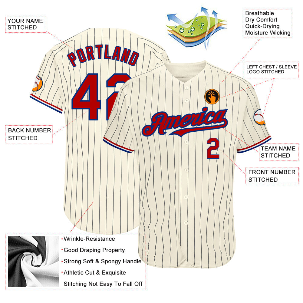 Custom Cream Black Pinstripe Red-Royal Authentic Baseball Jersey view 3
