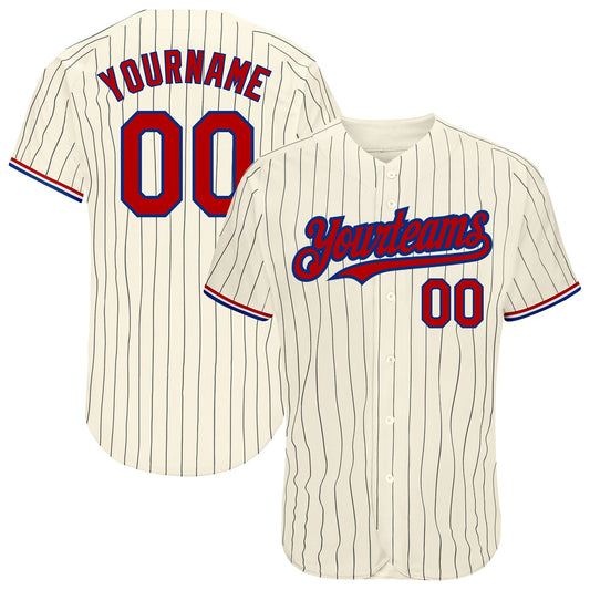 Custom Cream Black Pinstripe Red-Royal Authentic Baseball Jersey - Main View