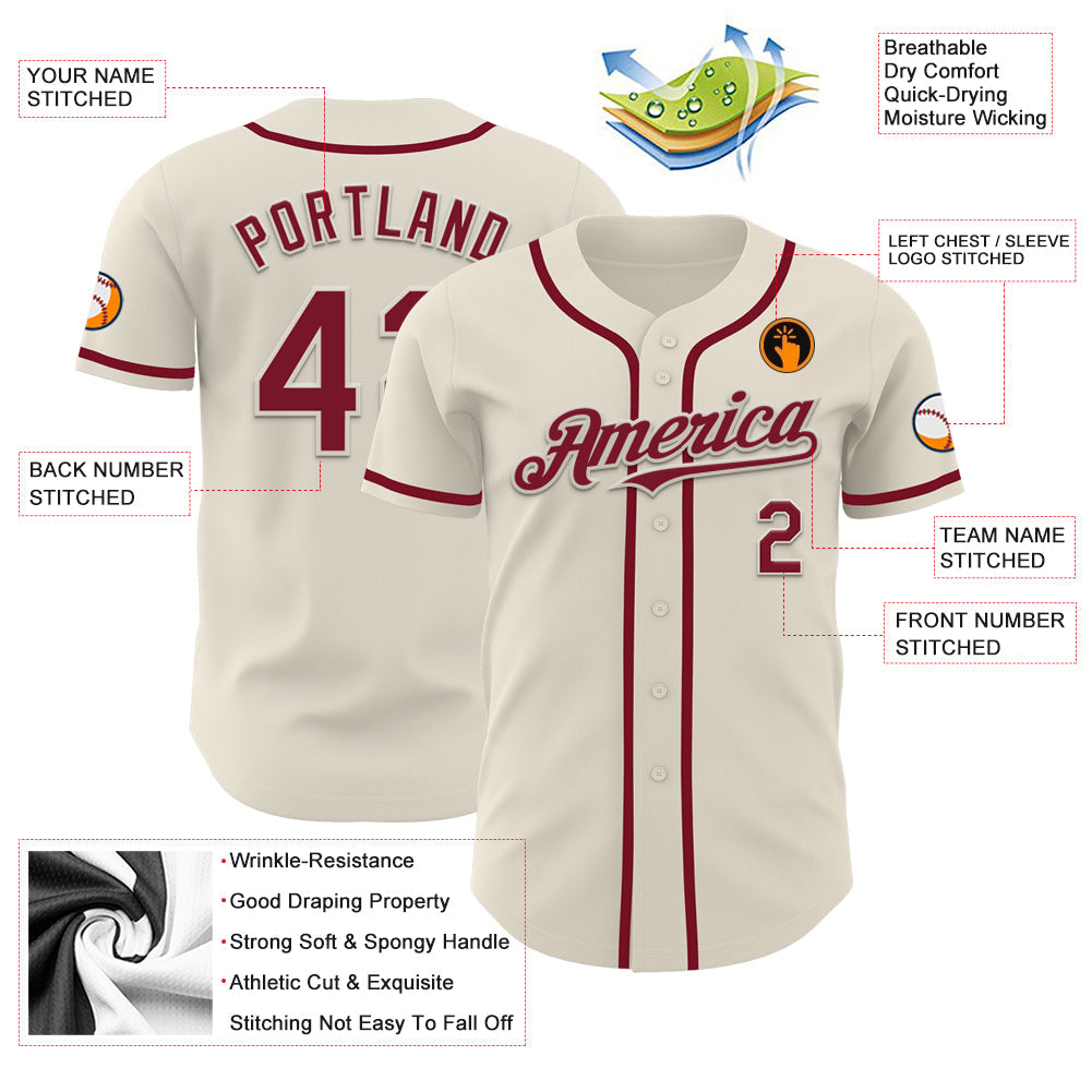 Custom Cream Crimson Authentic Baseball Jersey view 3
