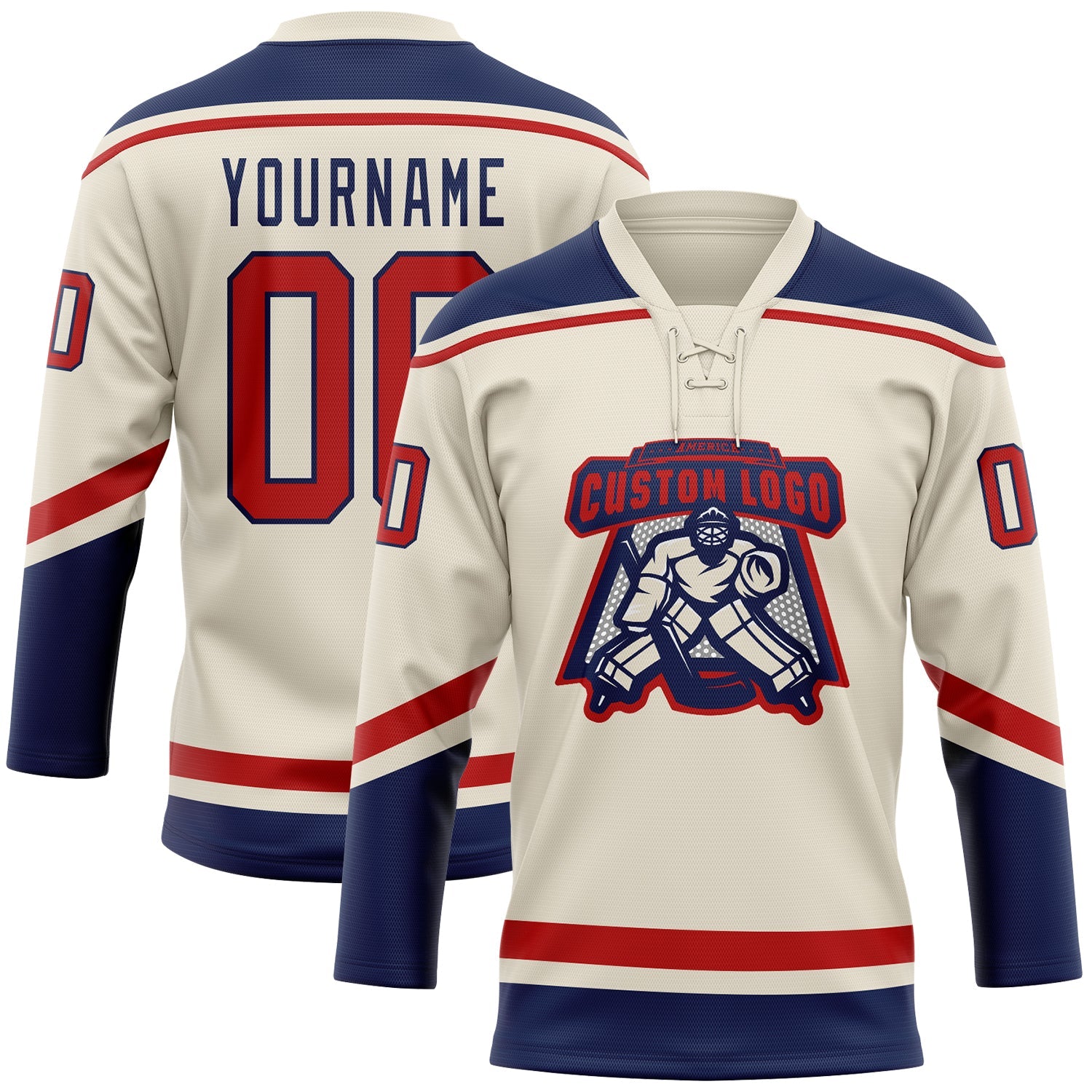 Custom Cream Red-Navy Hockey Lace Neck Jersey view 2