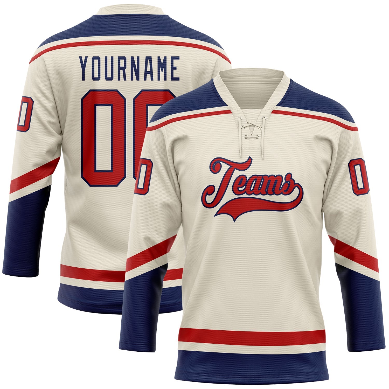 Custom Cream Red-Navy Hockey Lace Neck Jersey - Main View