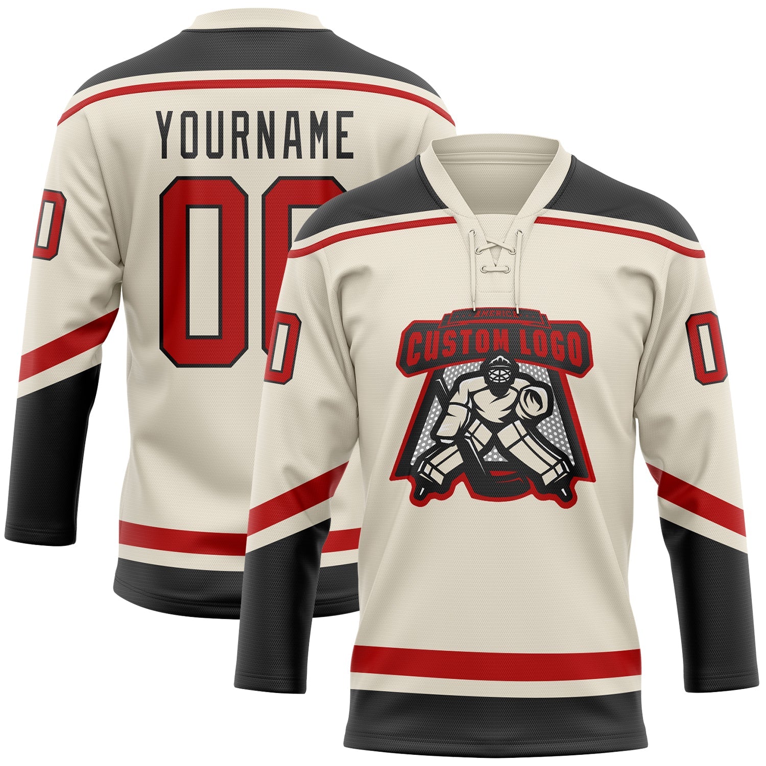 Custom Cream Red-Black Hockey Lace Neck Jersey view 2