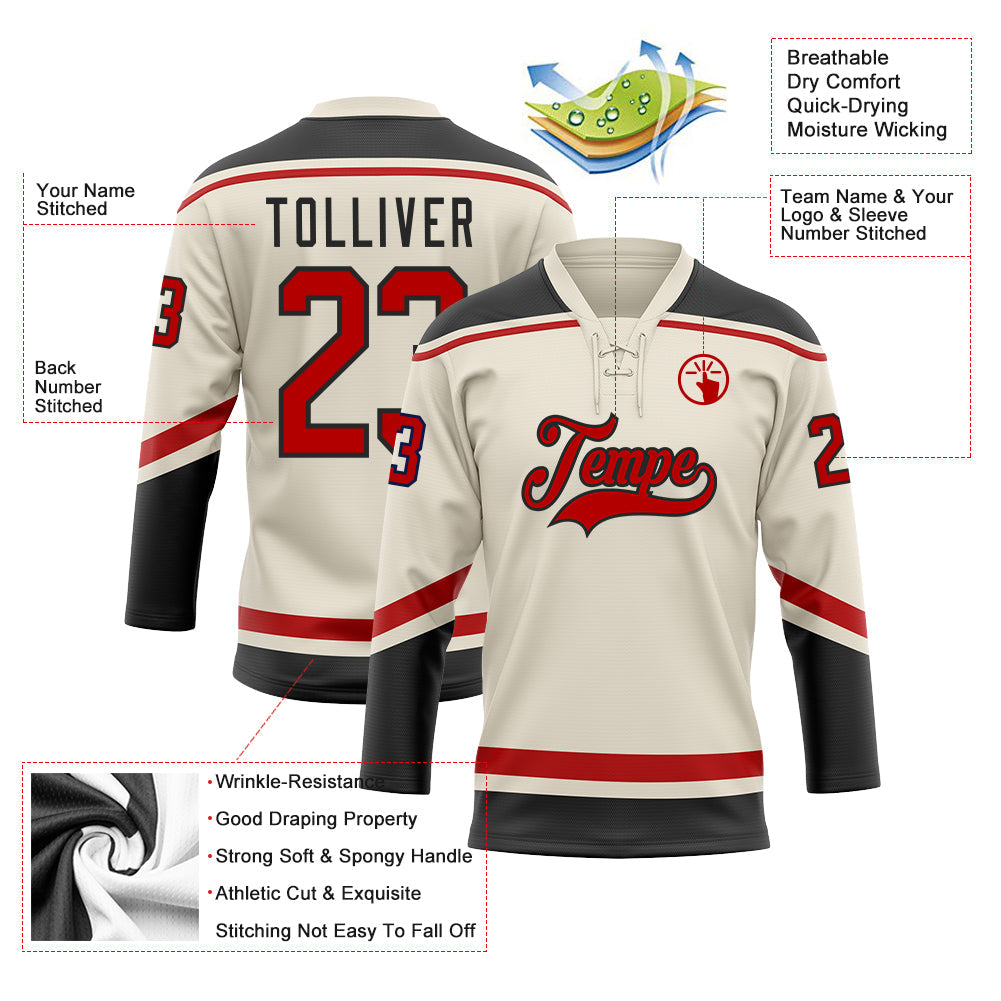 Custom Cream Red-Black Hockey Lace Neck Jersey view 3