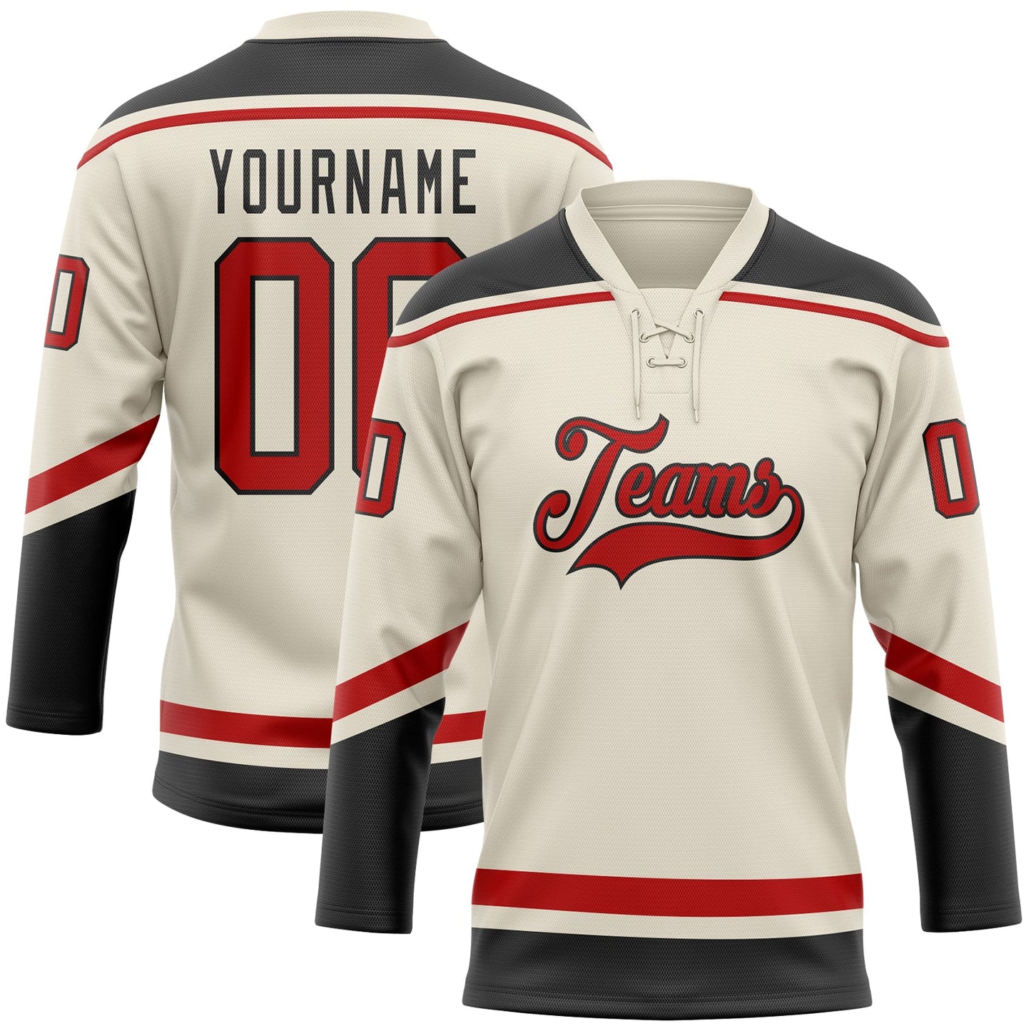Custom Cream Red-Black Hockey Lace Neck Jersey - Main View