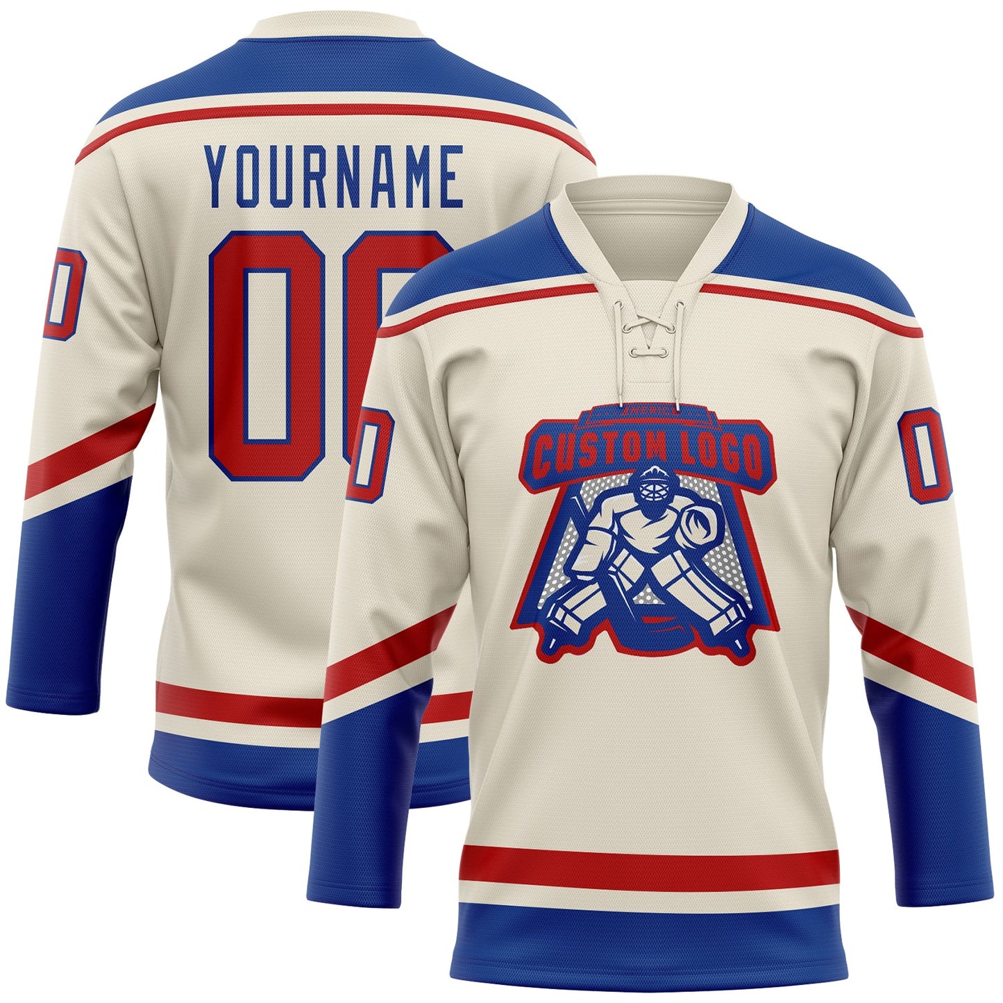 Custom Cream Red-Royal Hockey Lace Neck Jersey view 2