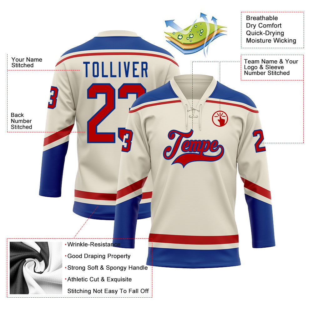 Custom Cream Red-Royal Hockey Lace Neck Jersey view 3
